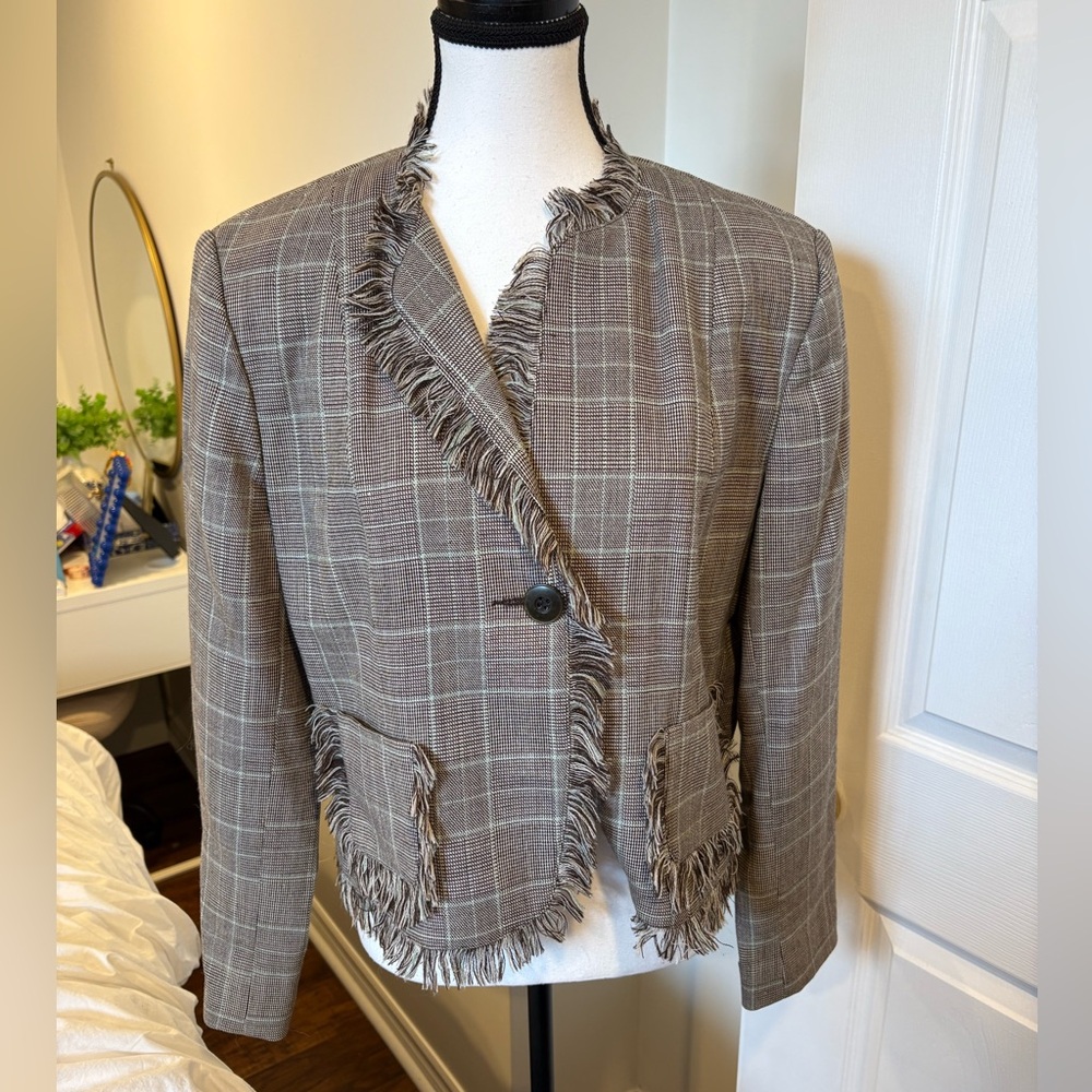 Vintage Plaid Fringe Blazer 14P Wool Blend Preppy Academia Jacket